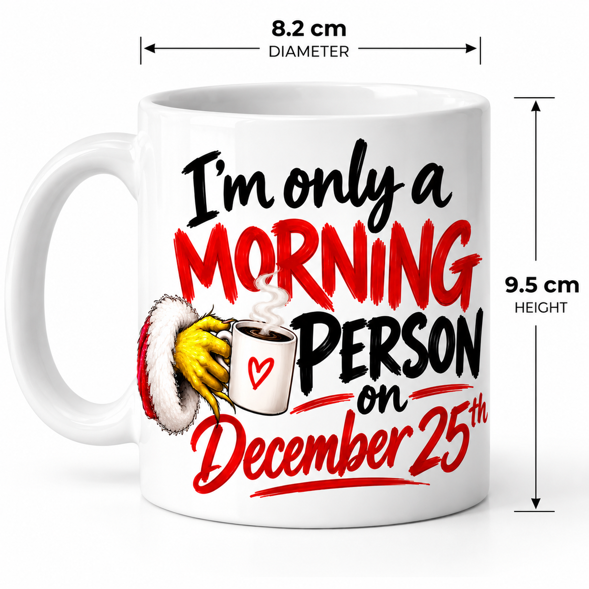 White 330 ml Christmas mug, 9.5 cm tall and 8.2 cm diameter