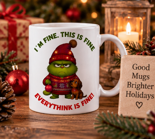 I'm Fine This is Fine Christmas mug in a festive holiday setting