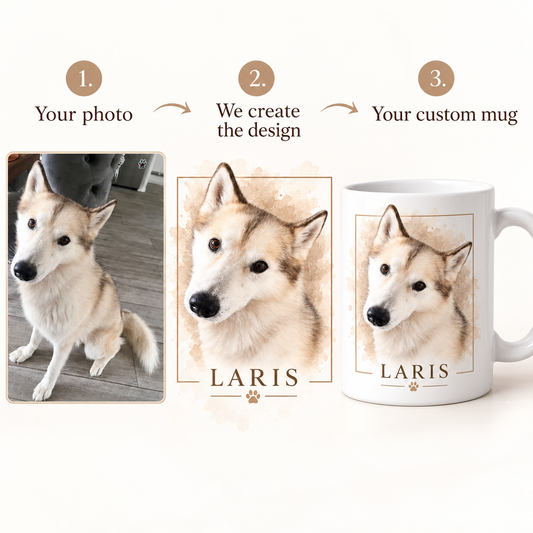  Pet photo transformed into a personalized custom pet portrait mug