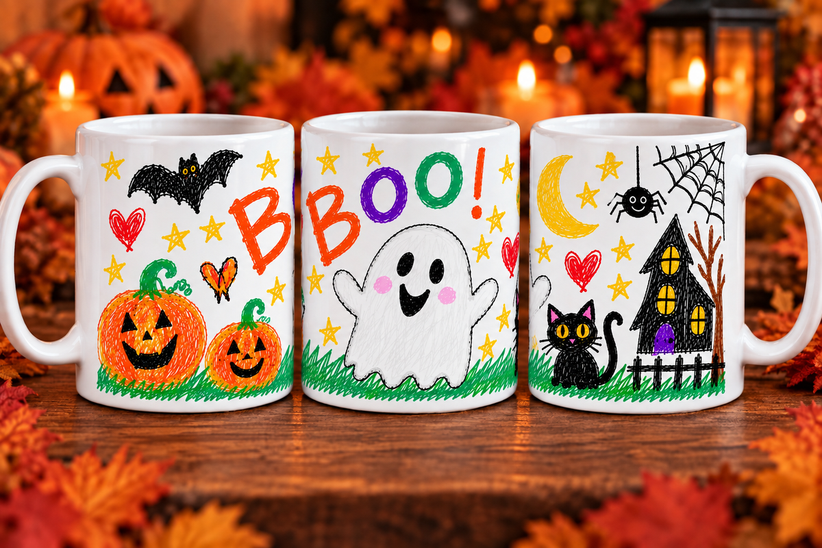 Boo Ghost mug with cute hand-drawn ghost design