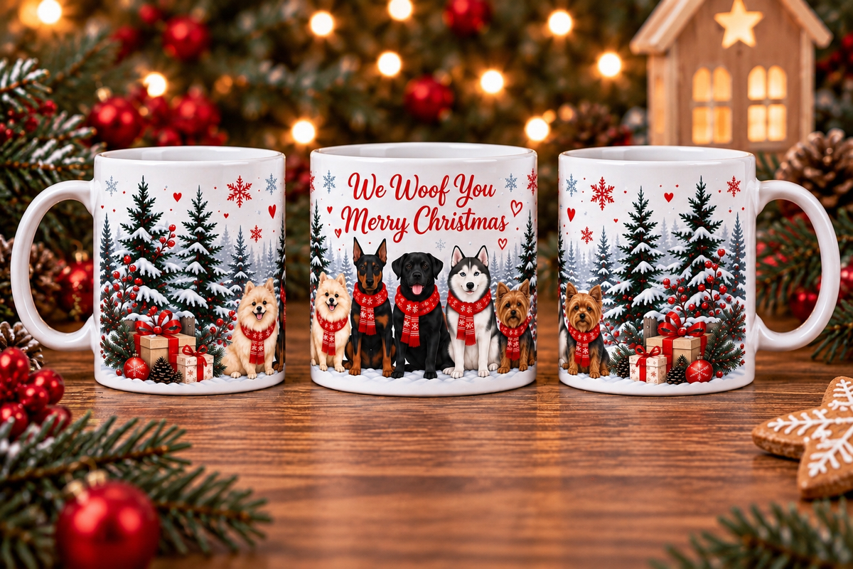 Christmas  dog mug shown from three sides