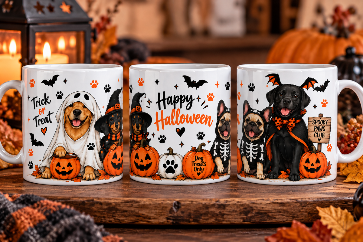 Halloween dog mug with cute dogs in costumes, pumpkins and paw print design