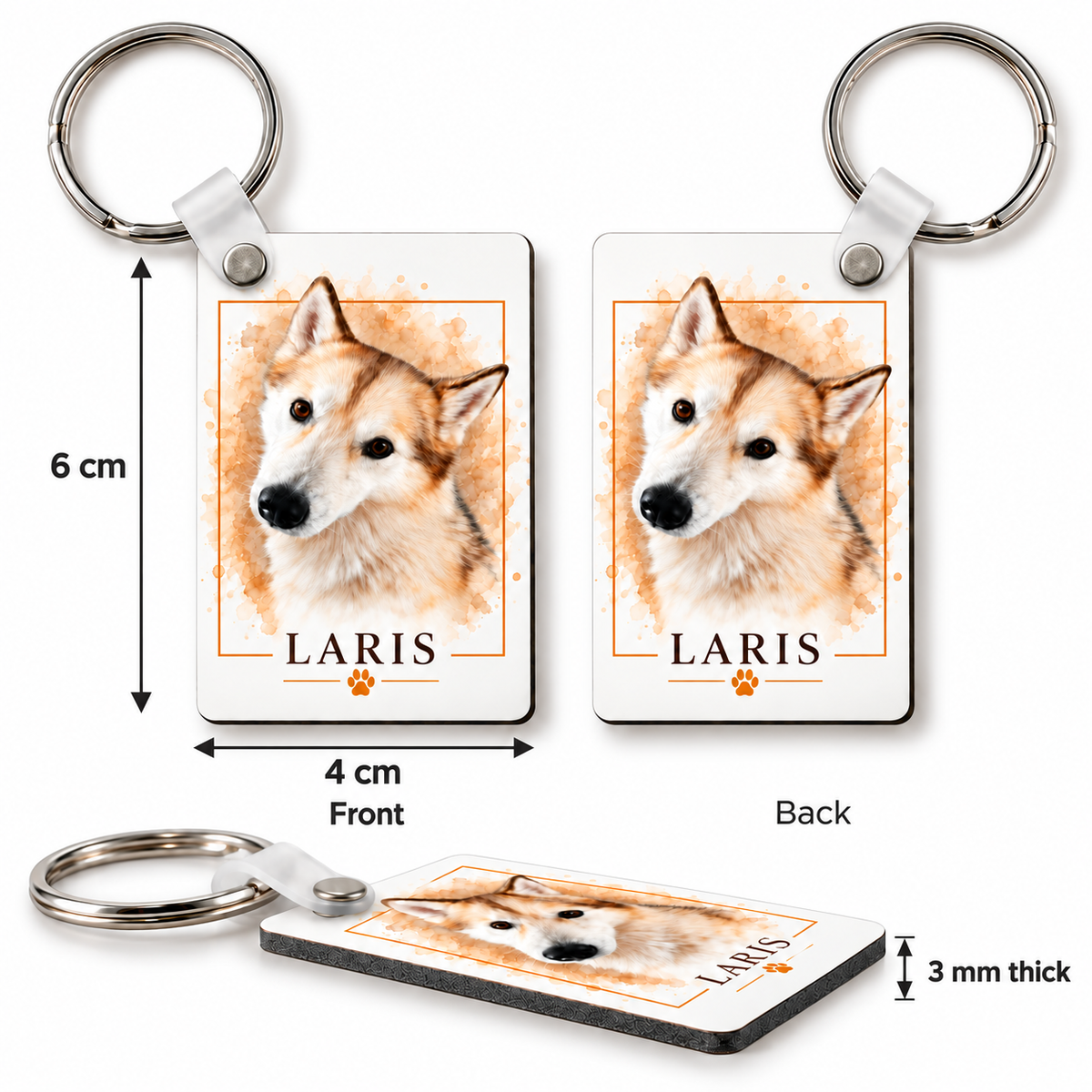 Double sided personalized pet keychain measuring 6 x 4 cm and 3 mm thick