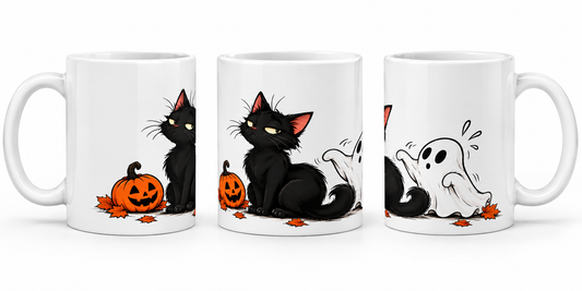 Three views of Black Cat Halloween Mug showing the wraparound design