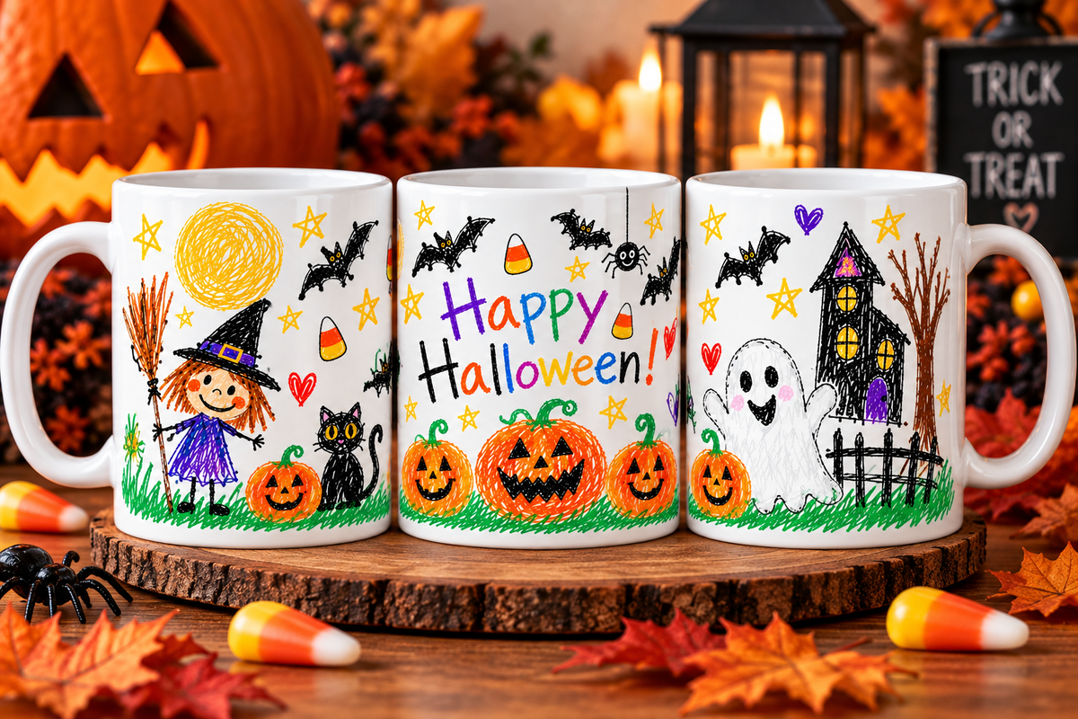 Happy Halloween Witch mug with colorful hand-drawn Halloween design