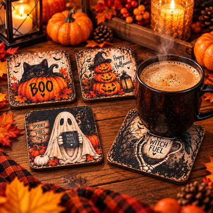 Set of four spooky Halloween drink coasters featuring pumpkin, ghost, black cat and witch-themed designs.
