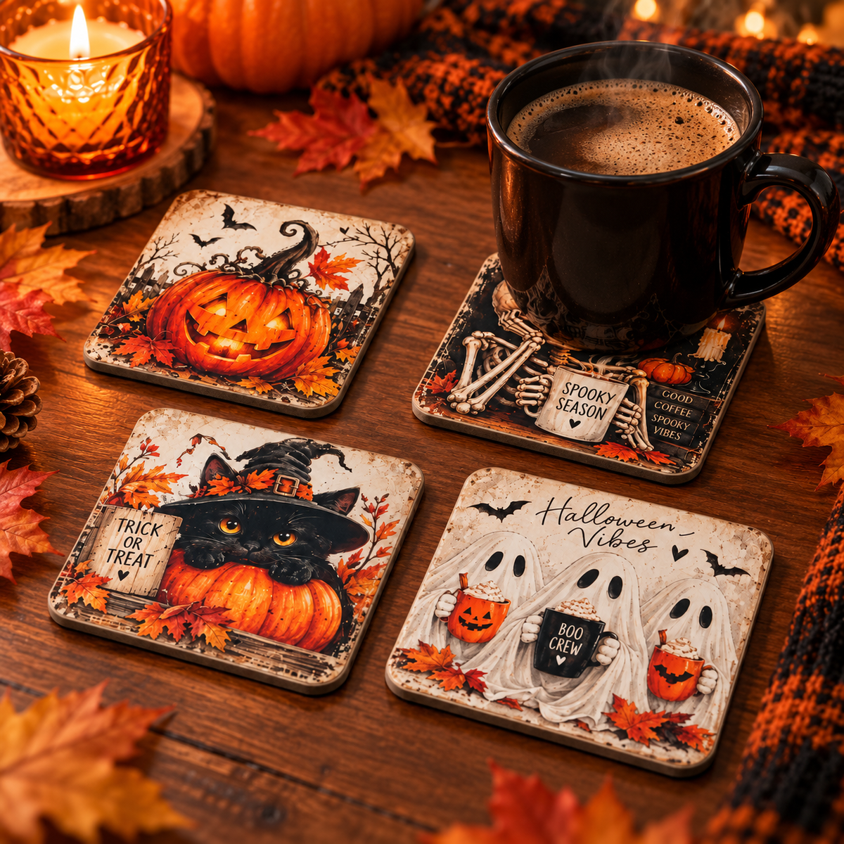 Spooky Halloween coasters styled with a black coffee mug, pumpkins and cozy autumn decor.