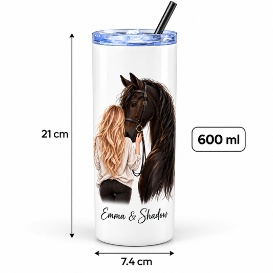 White personalized horse tumbler with Emma and Shadow custom name design