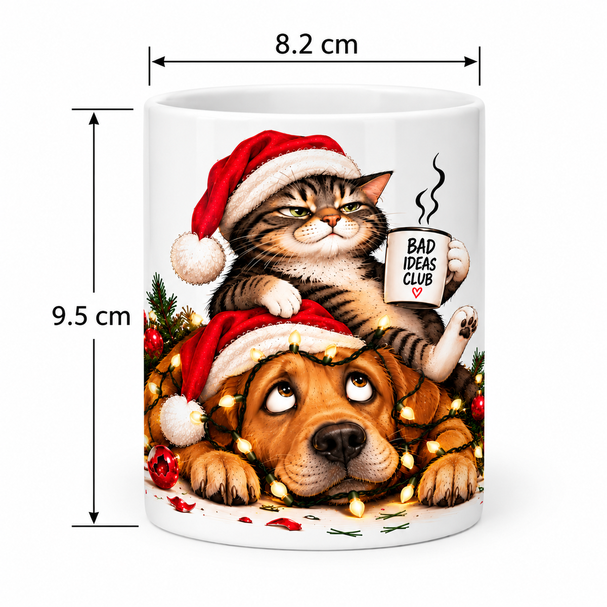 330 ml Christmas cat and dog mug with dimensions showing 9.5 cm height and 8.2 cm diameter.