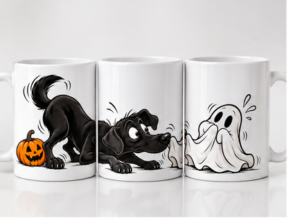 Labrador Halloween mug showing wraparound dog, pumpkin and ghost design