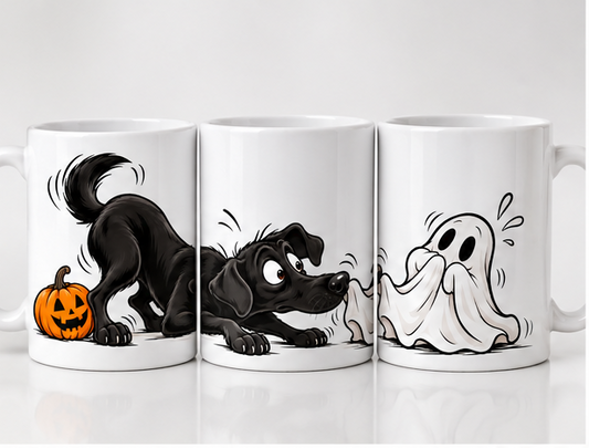 Labrador Halloween mug showing wraparound dog, pumpkin and ghost design