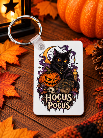 Hocus Pocus black cat Halloween keychain with pumpkin and moon design
