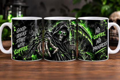  Green grim reaper Halloween coffee mug with spooky coffee quote