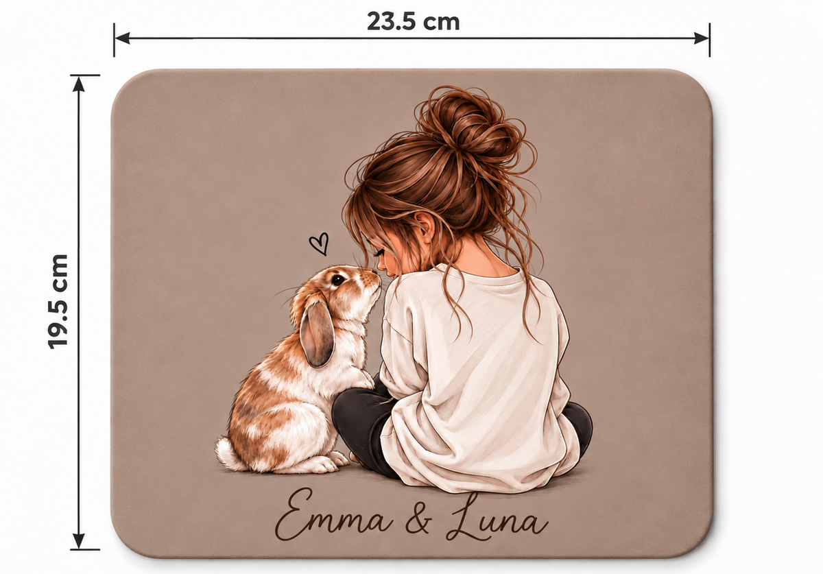 Personalized rabbit mouse pad size guide showing 23.5 x 19.5 cm