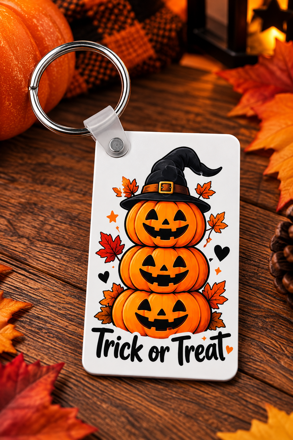 Pumpkin stack Halloween keychain with Trick or Treat design on autumn background