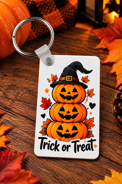 Pumpkin stack Halloween keychain with Trick or Treat design on autumn background