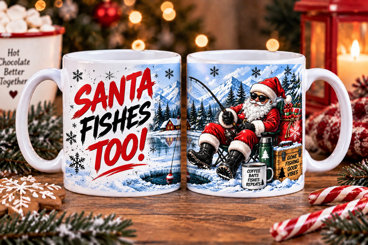 Fishing: Santa Fishes Too Christmas mug for fishing lovers