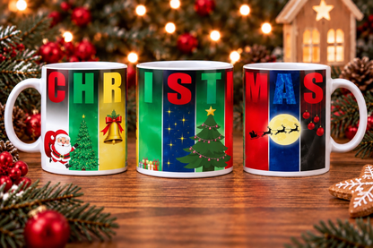 Christmas mug shown from multiple angles with wraparound holiday design