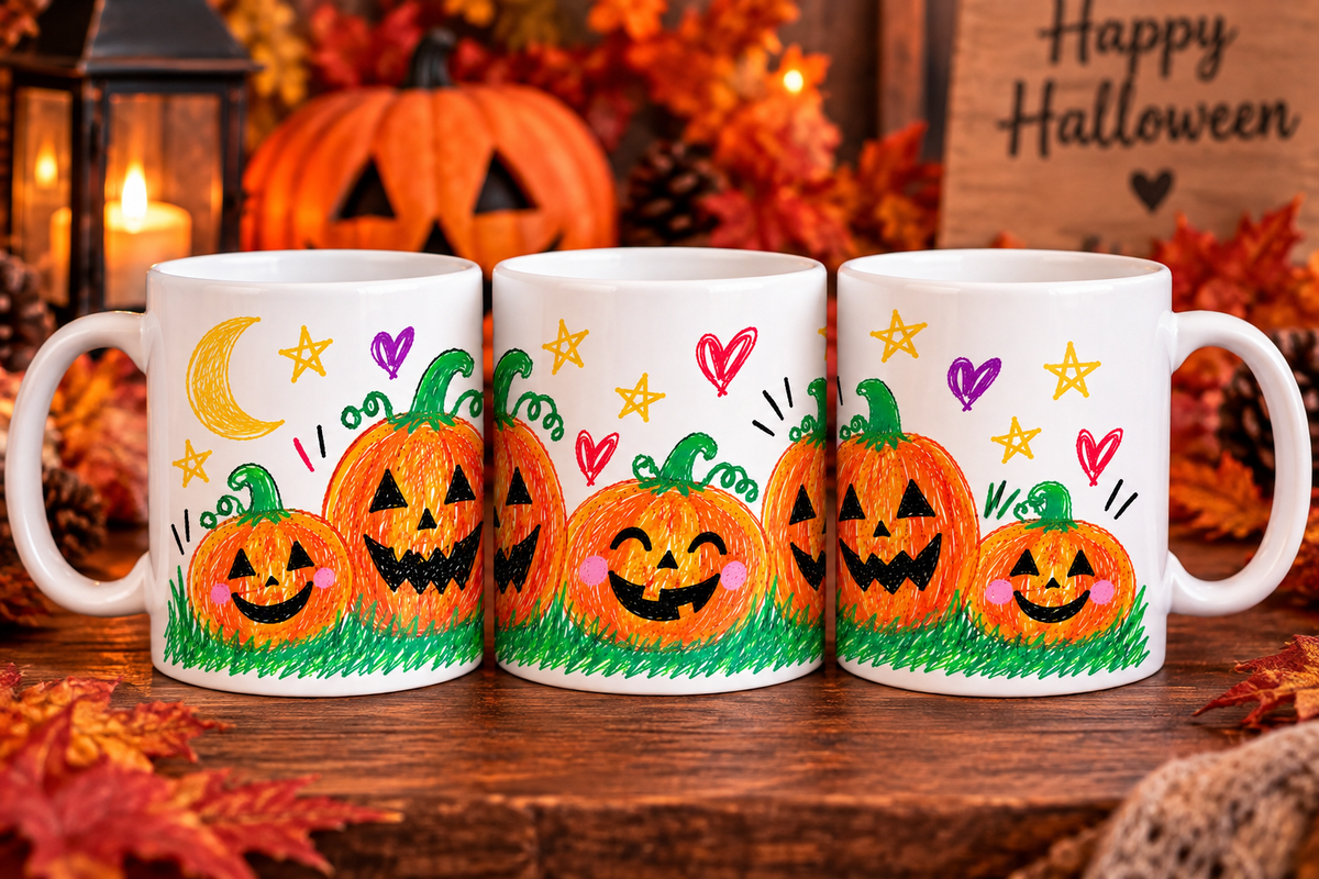 Halloween Pumpkins mug with hand-drawn pumpkin design