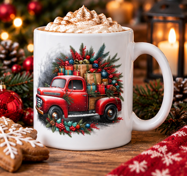 Red vintage truck Christmas coffee mug in a cozy holiday setting