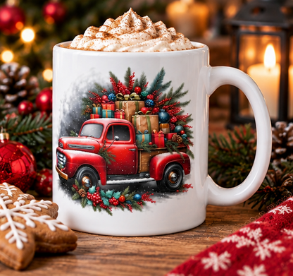 Red vintage truck Christmas coffee mug in a cozy holiday setting