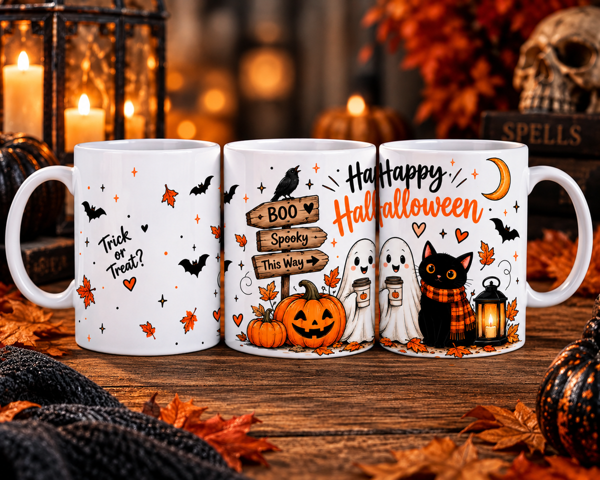 
Cute Happy Halloween mug with ghosts black cat and pumpkin design