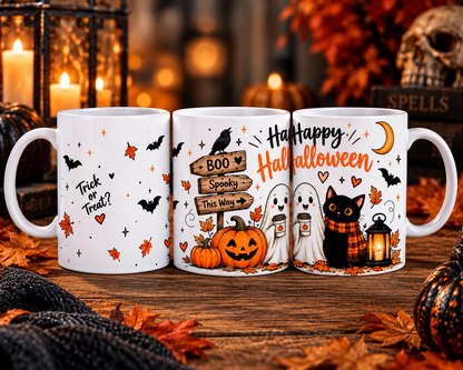 
Cute Happy Halloween mug with ghosts black cat and pumpkin design