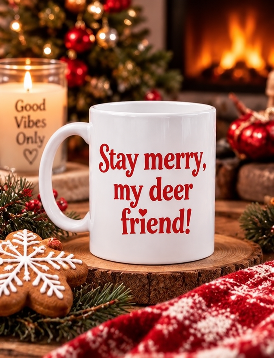 Cute reindeer Christmas mug displayed in a cozy festive setting 