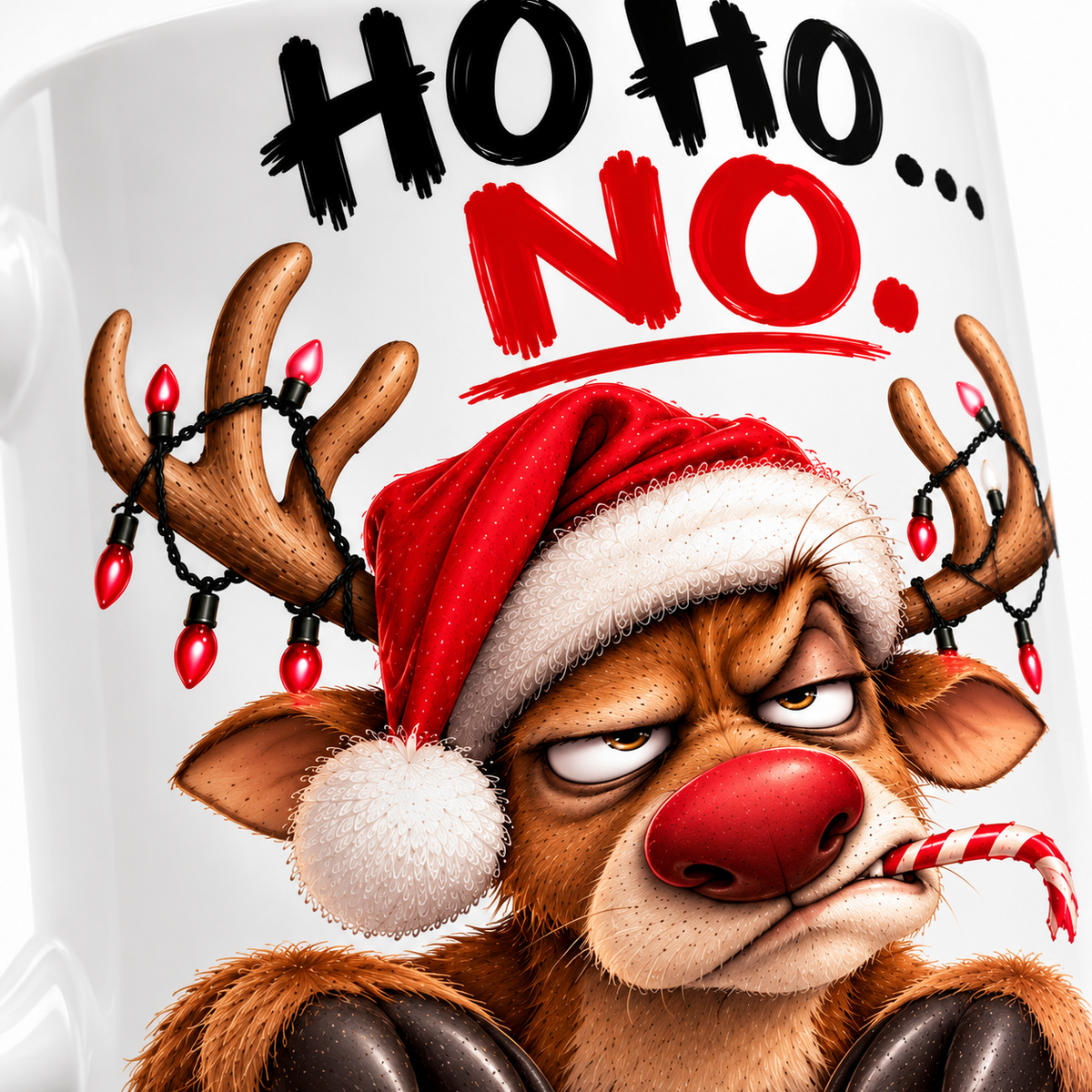 Close-up of grumpy Christmas reindeer and Ho Ho No mug design
