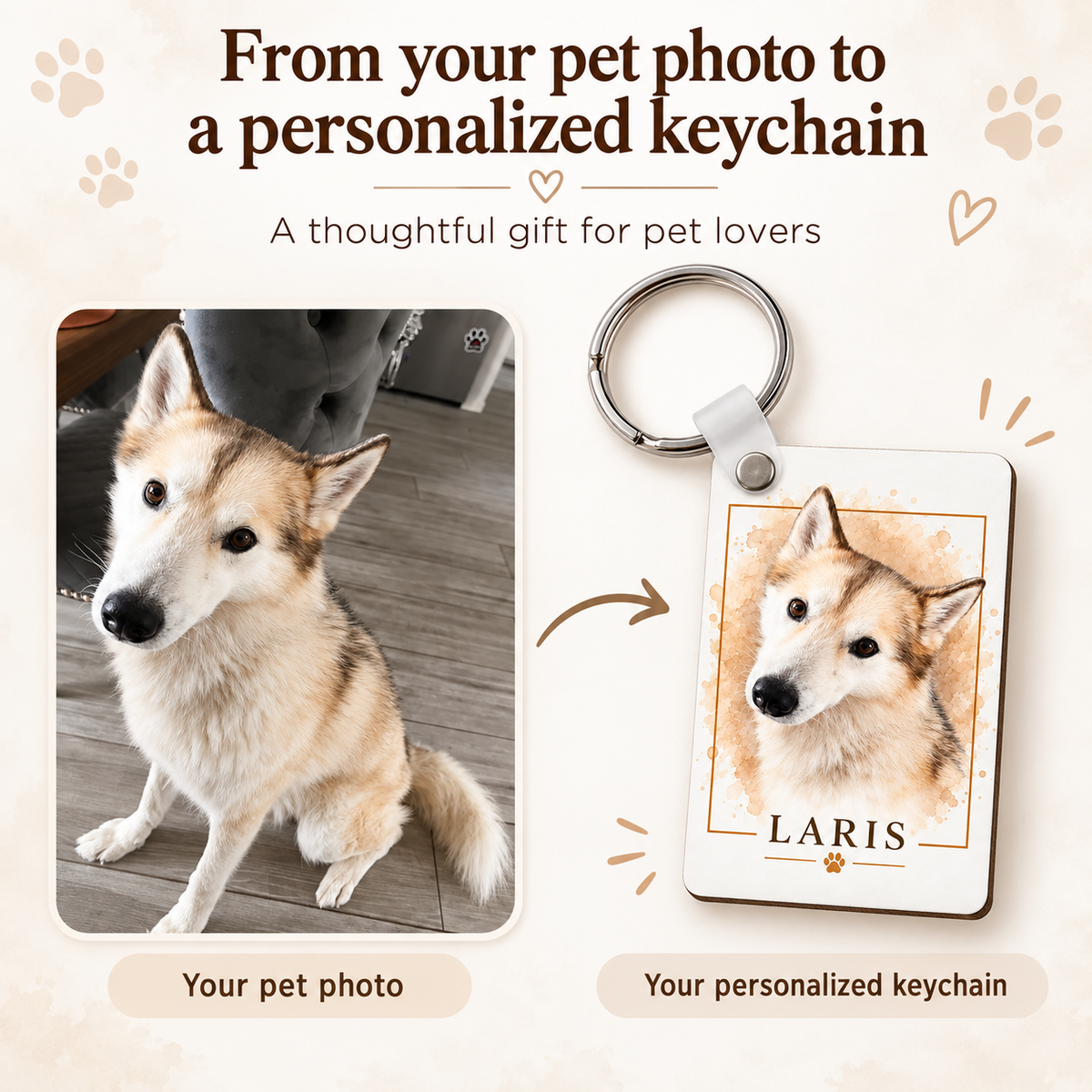 Pet photo transformed into a personalized custom pet keychain