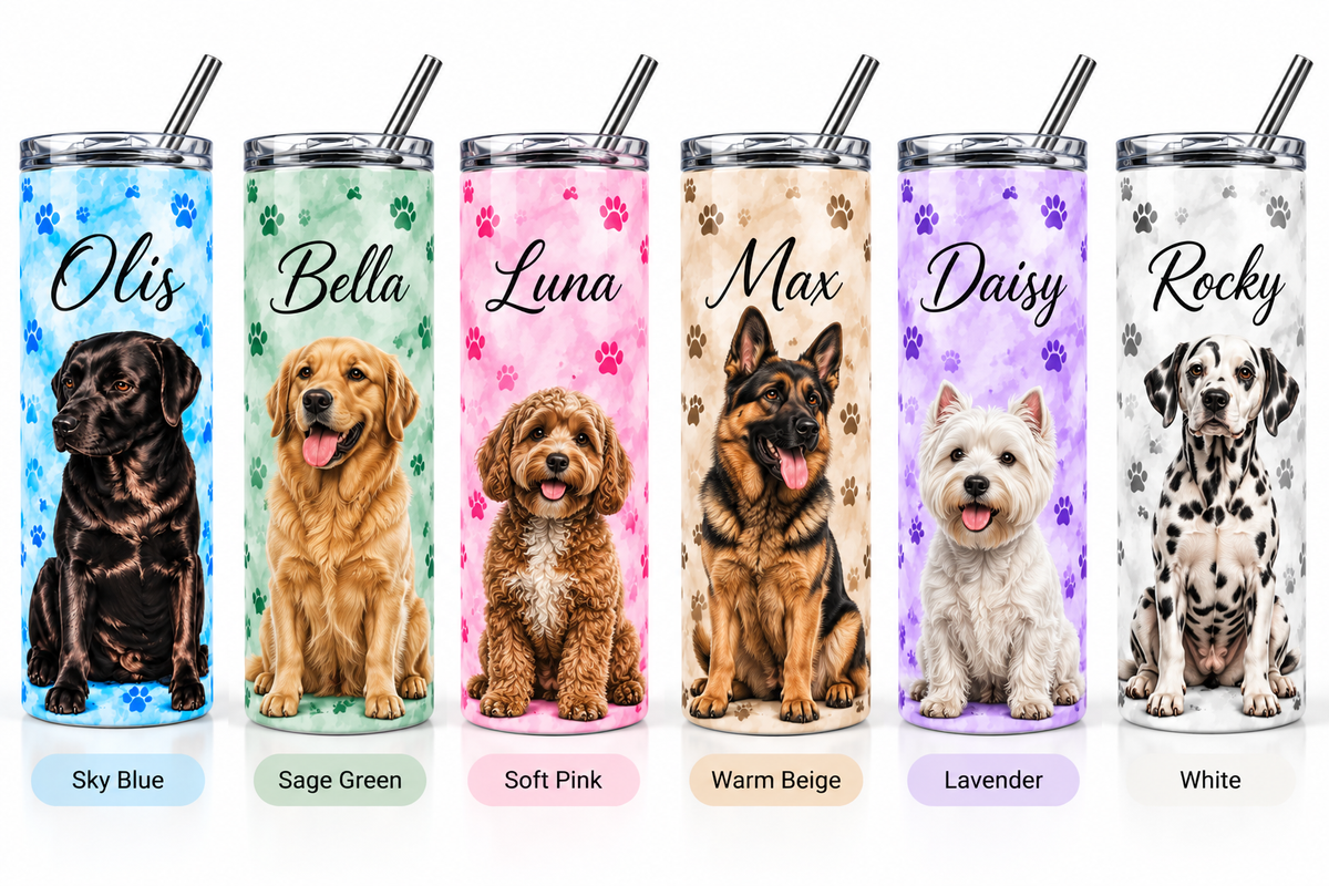 Six background colour options for custom dog portrait tumbler