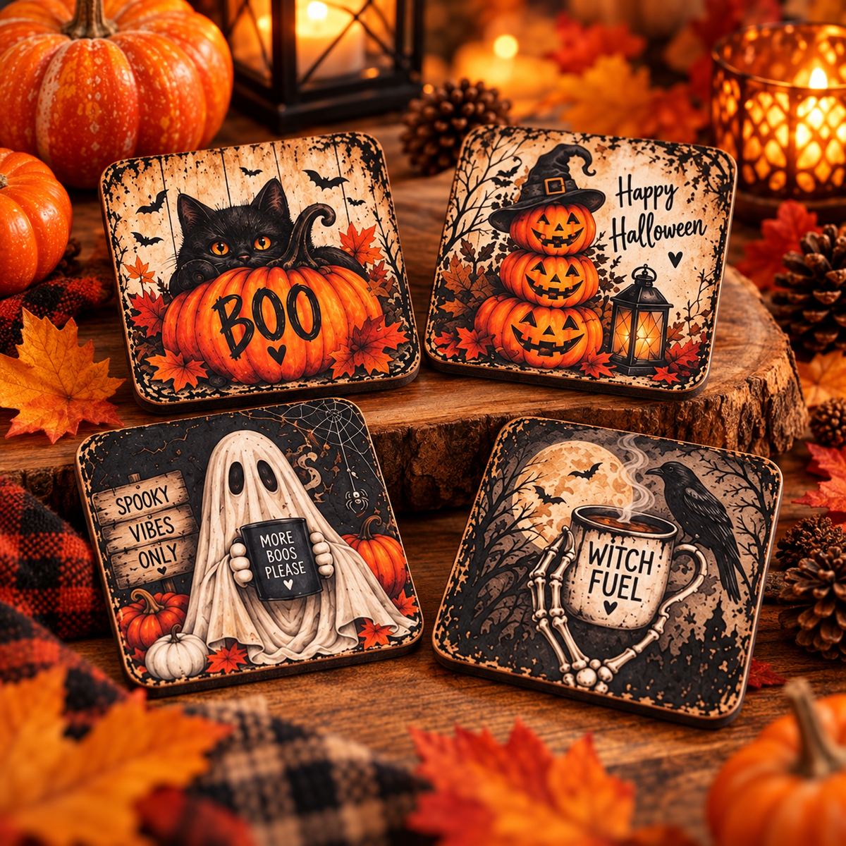 Halloween coaster set styled with autumn pumpkins, warm drinks and vintage spooky artwork.