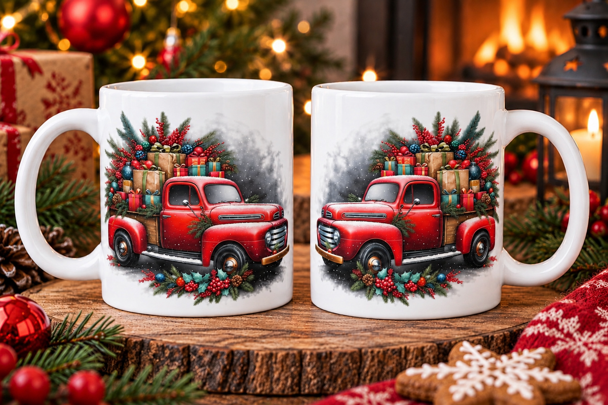 Double- sided Christmas mug with vintage red truck design