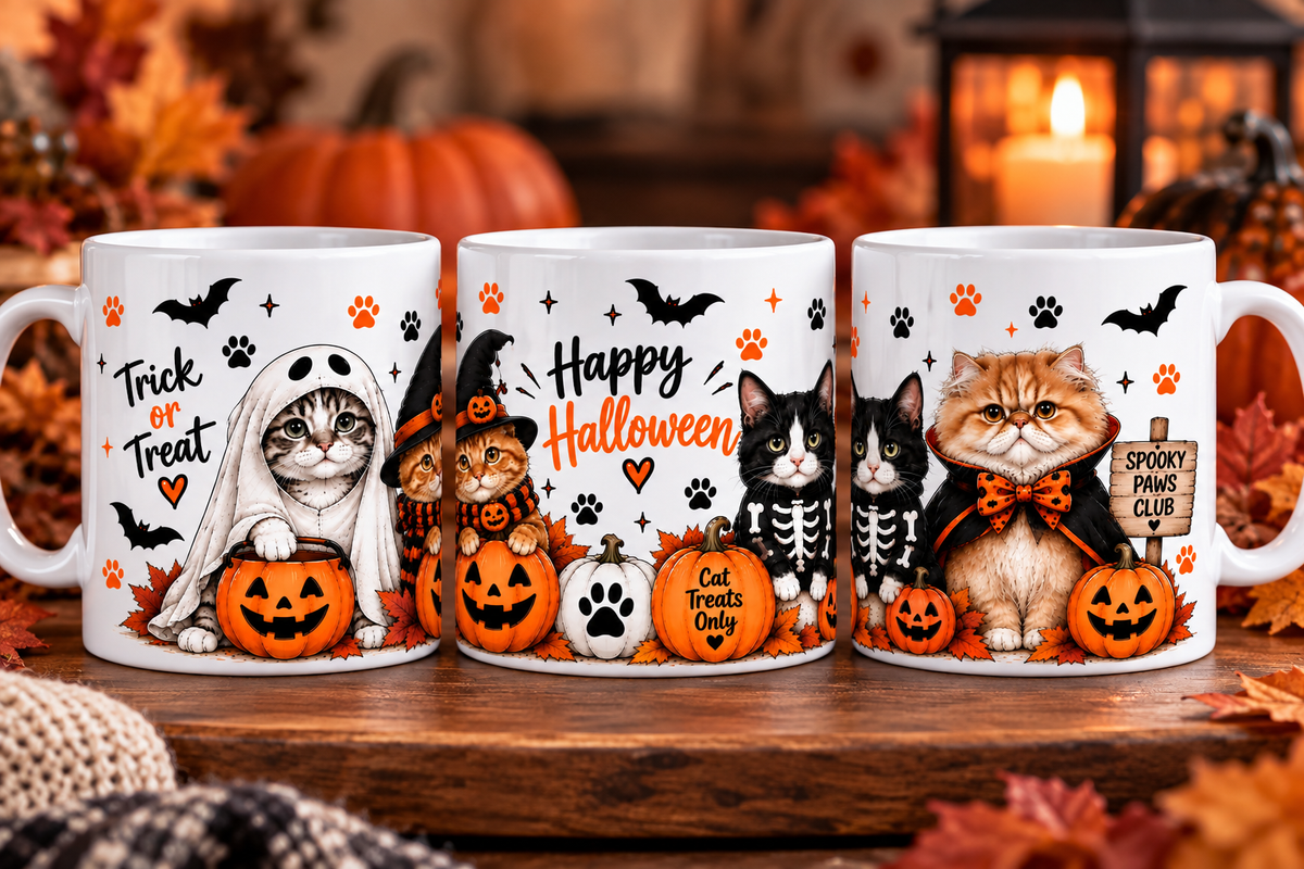  Halloween cat mug with cute cats in costumes, pumpkins and spooky autumn design