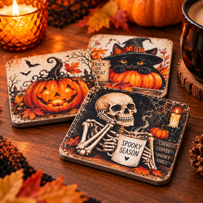 Close-up of Halloween drink coaster set arranged on a rustic tray with warm seasonal styling.