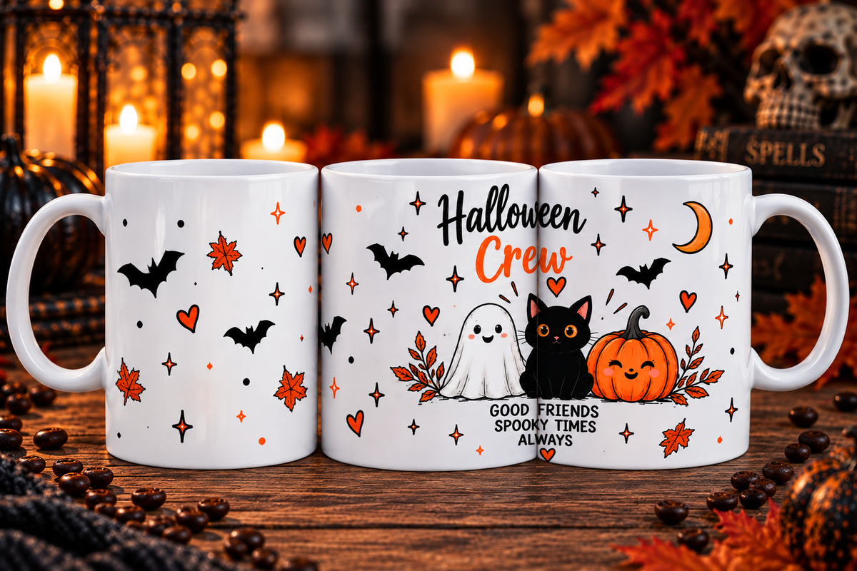 Halloween Crew mug with cute ghost black cat and pumpkin