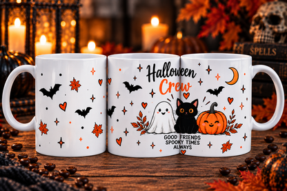 Halloween Crew mug with cute ghost black cat and pumpkin