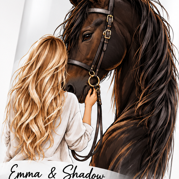 Close-up of personalized girl and horse artwork on stainless steel tumbler