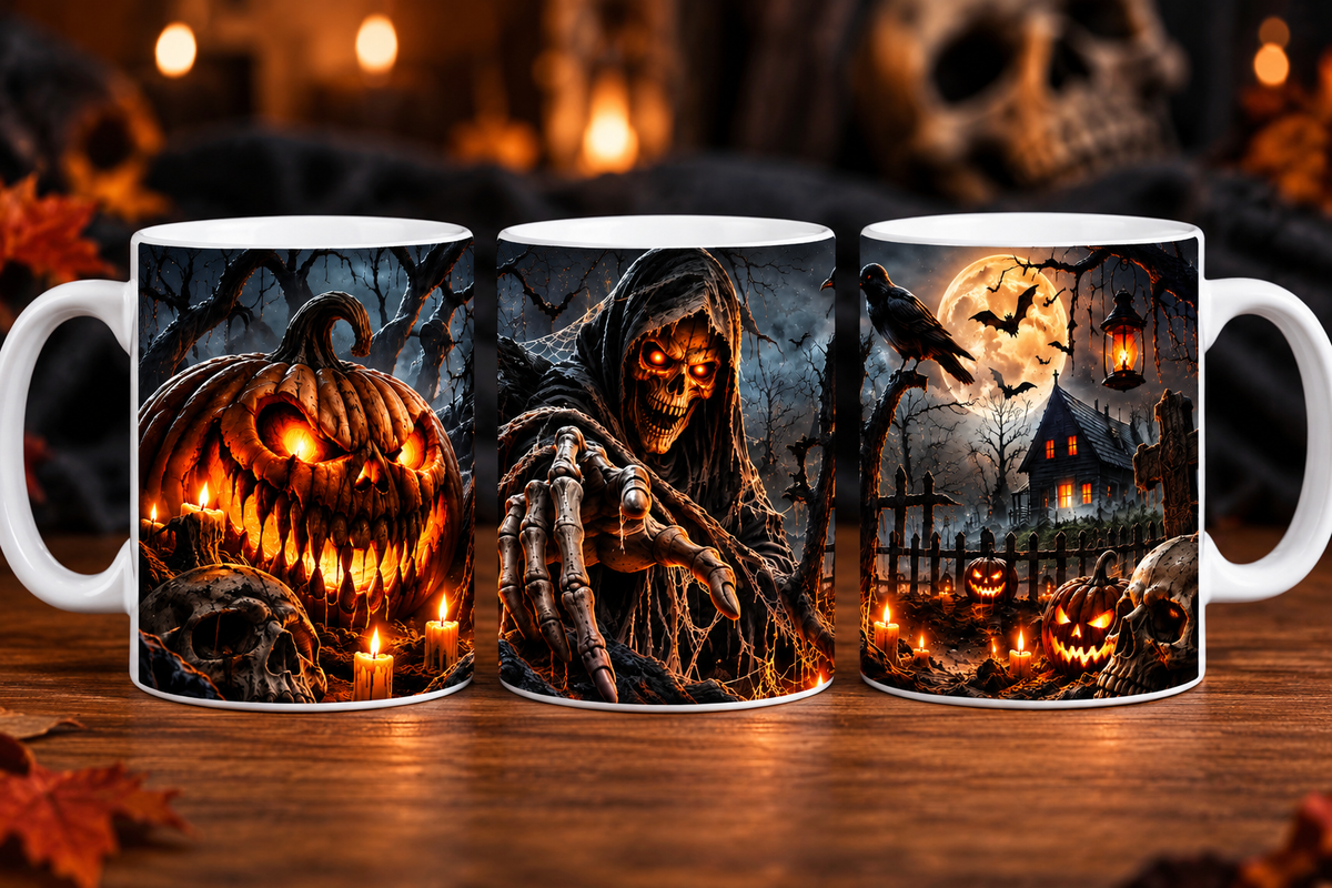 Spooky Halloween mug with pumpkin grim reaper and haunted house design
