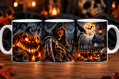 Spooky Halloween mug with pumpkin grim reaper and haunted house design
