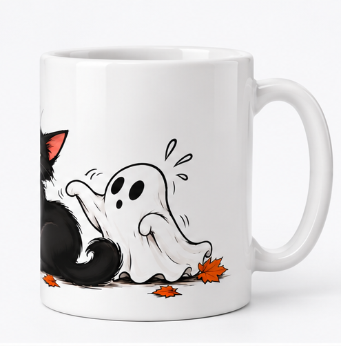  Black Cat Halloween Mug showing the ghost 