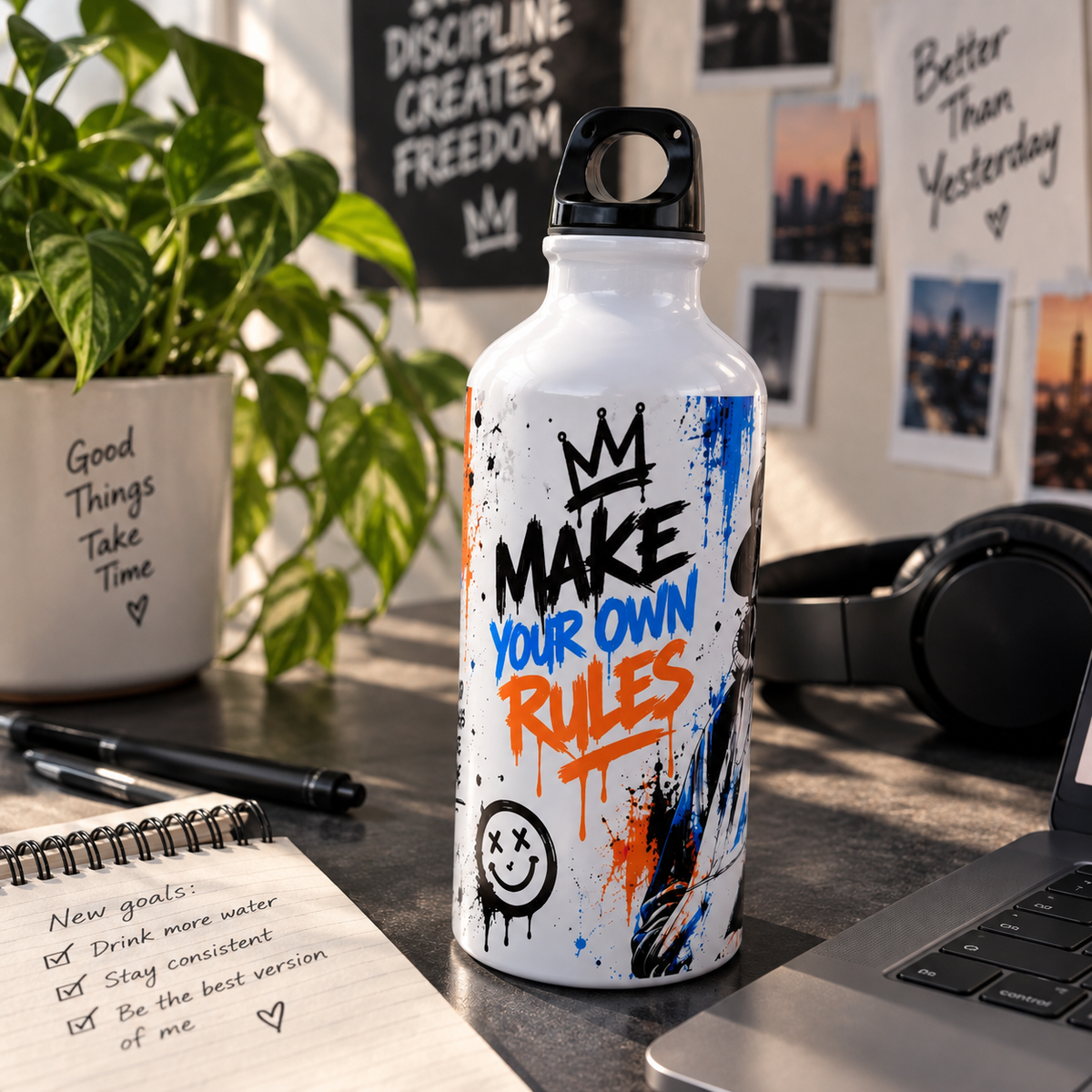  Colorful graffiti 400ml water bottle displayed on a desk