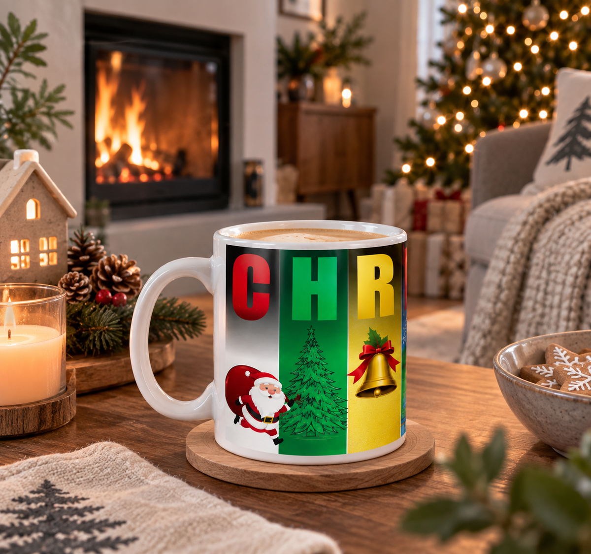 Christmas mug in cozy holiday setting by fireplace and Christmas design