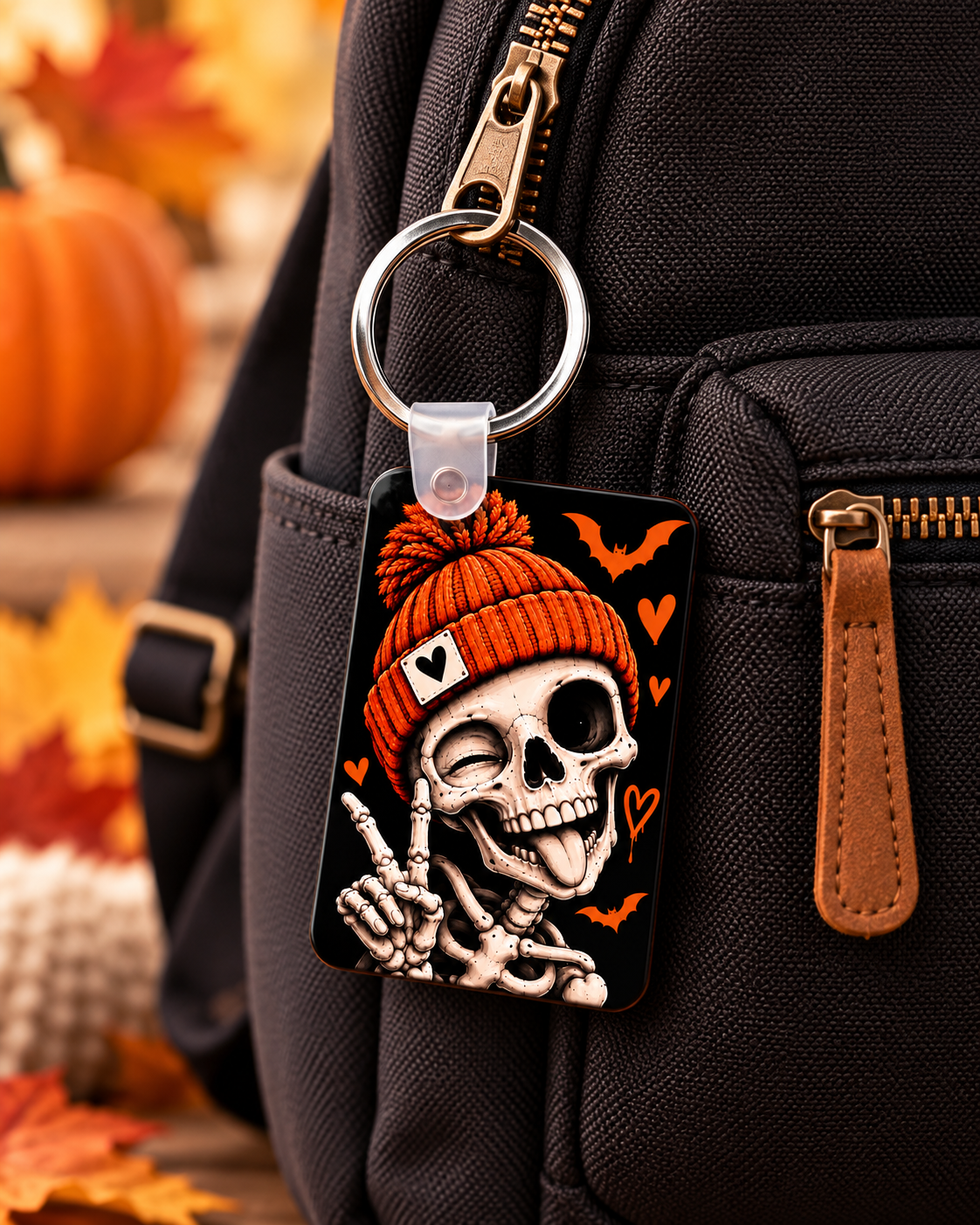 Orange beanie skeleton keychain attached to a bag for Halloween accessory styling