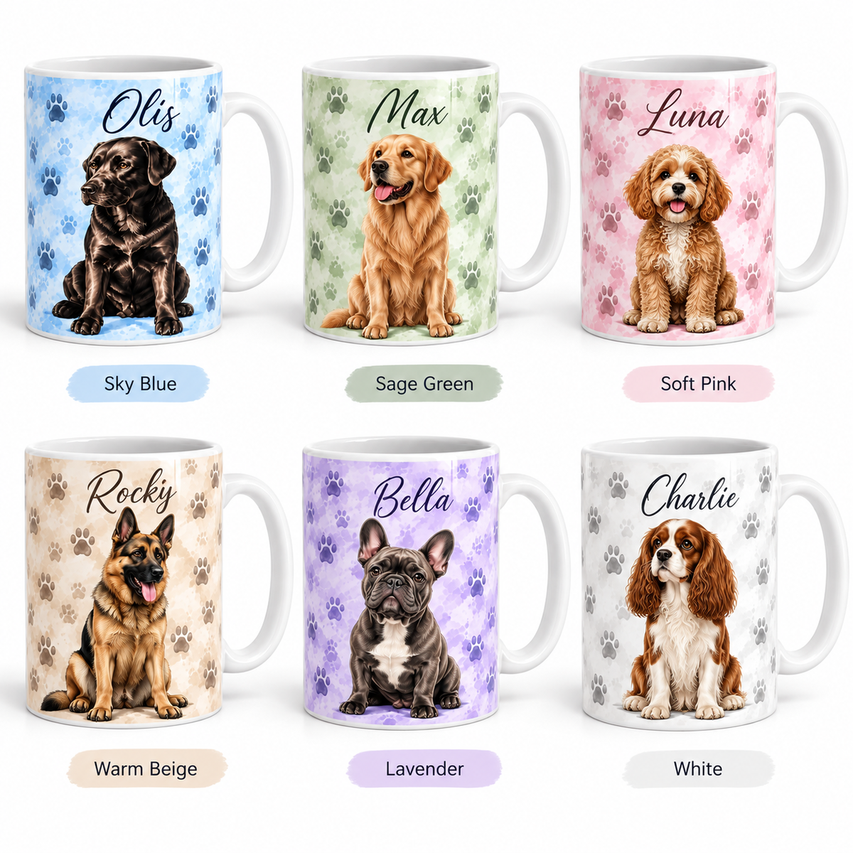 Six personalized dog mugs in Sky Blue, Sage Green, Soft Pink, Warm Beige, Lavender and White