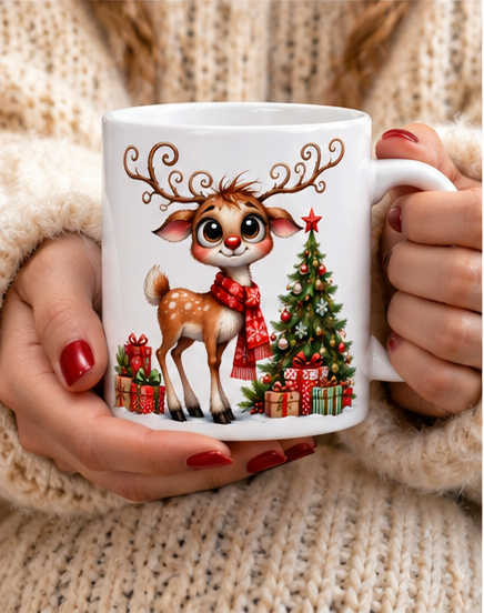 Stay Merry My Deer Friend mug showing red Christmas quote design