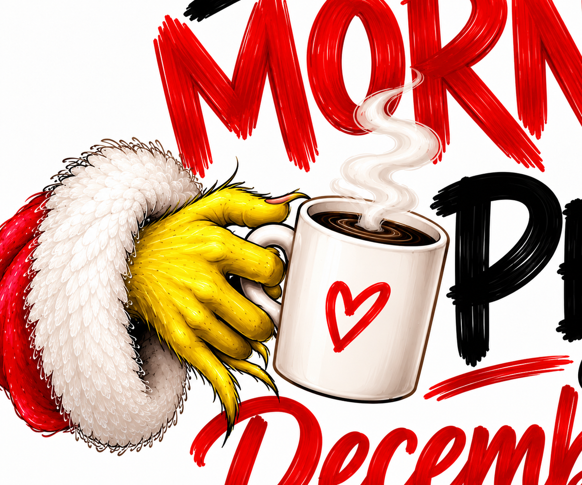  Close-up of Christmas Morning Person mug with green hand and coffee illustration