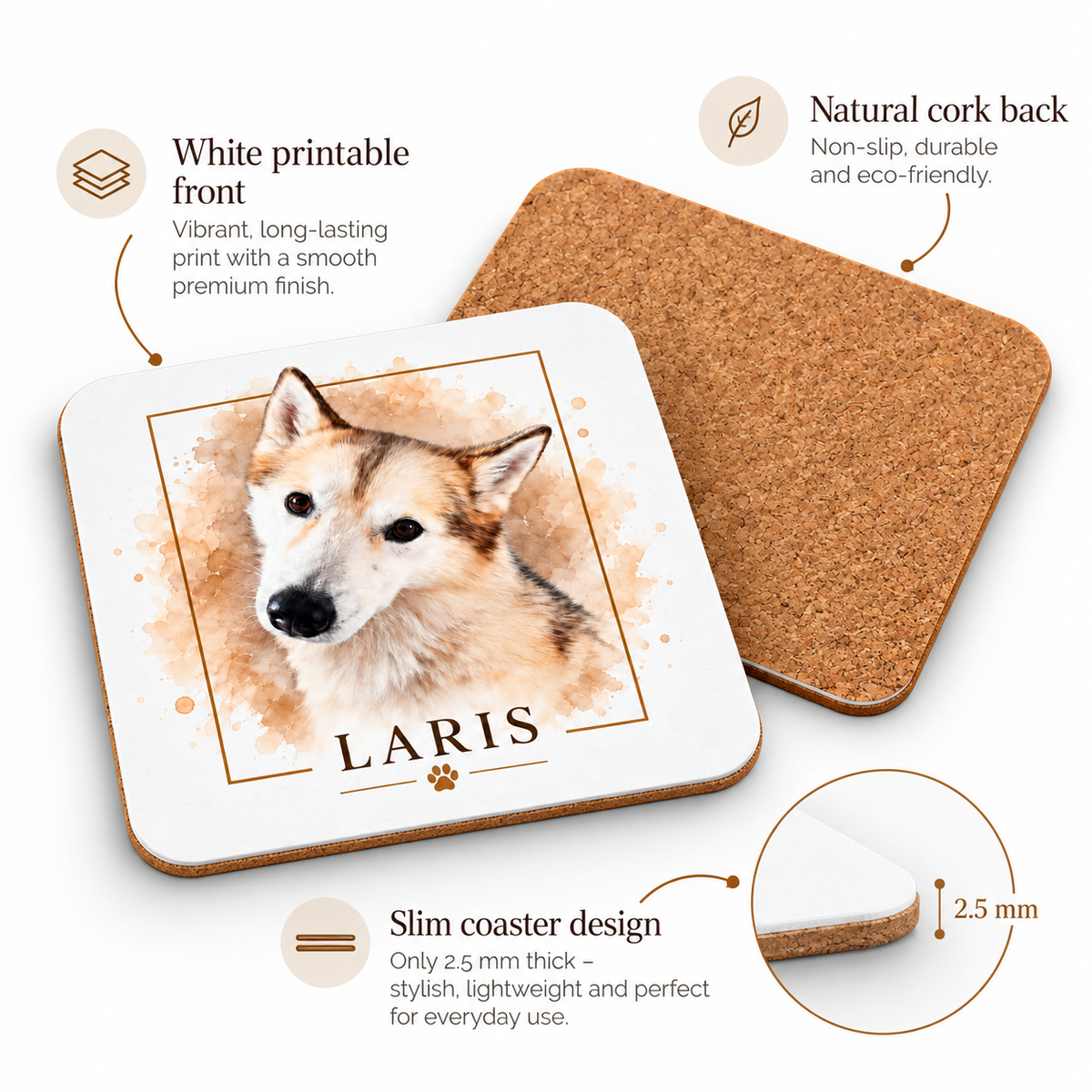 Personalized pet coaster with white printable front natural cork back and slim design
