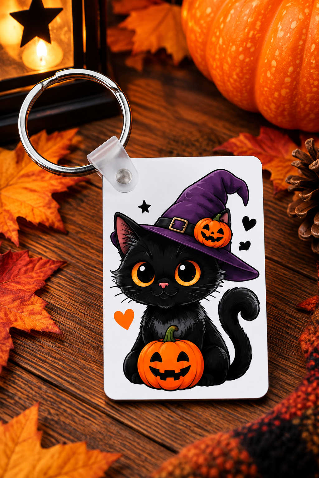 Black cat Halloween keychain with pumpkin and witch hat design