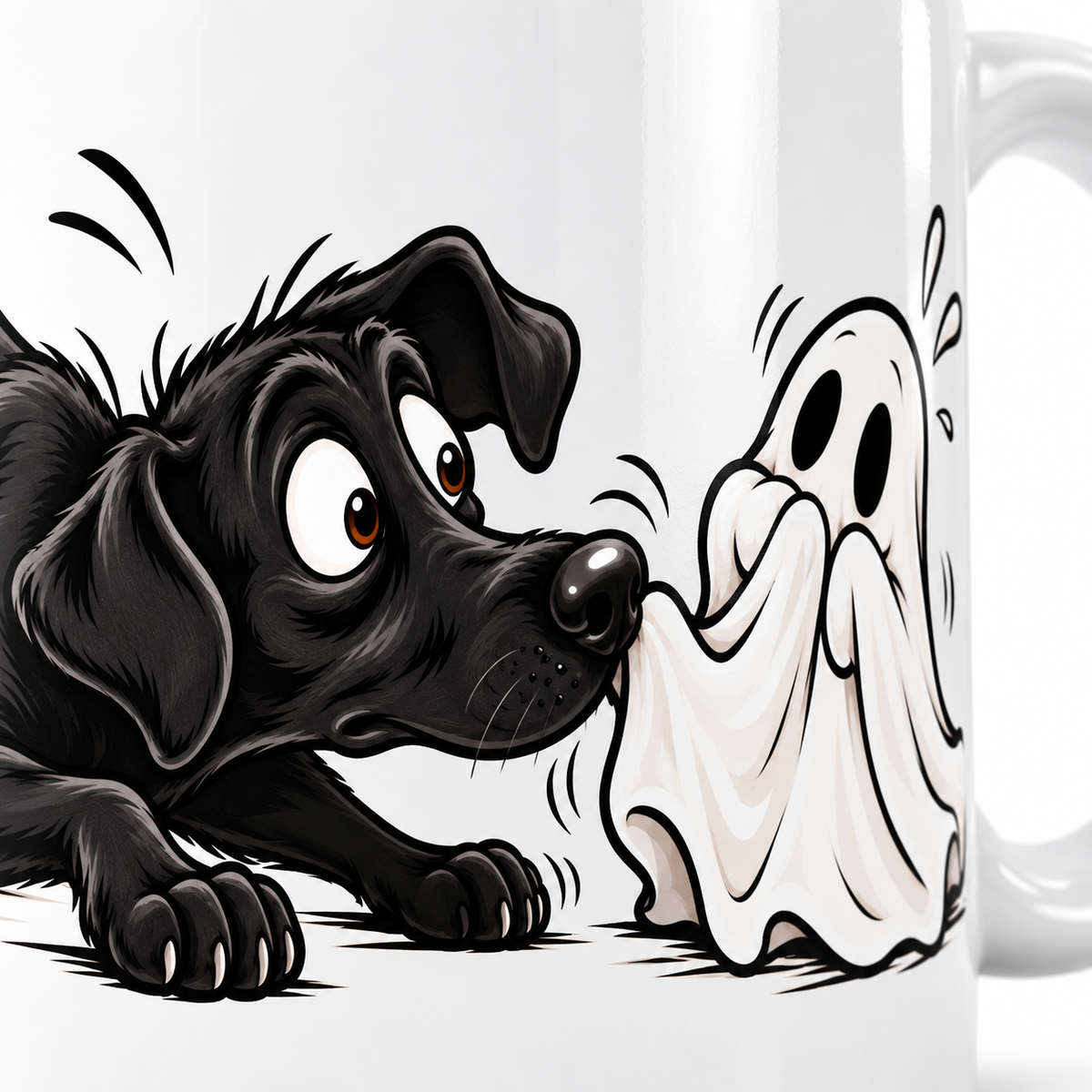    Black Labrador and ghost Halloween design on white ceramic mug